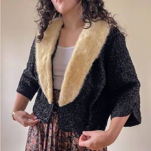 60s Vintage Ribbon Jacket with Mink Fur Collar Size M mid century luxury